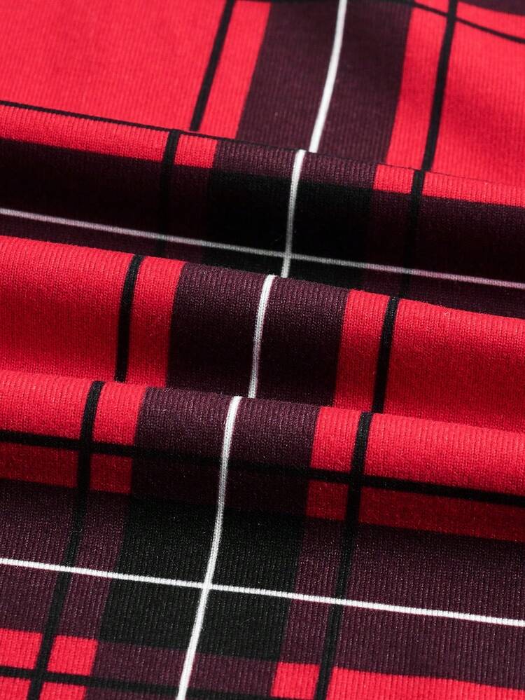 Black Patchwork Red Check Waist Waist Long Dress