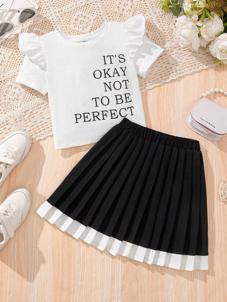 Young Girl Urban Casual Short Sleeve T-Shirt With Slogan Print And Colorblock Pleated Skirt Outfit Set