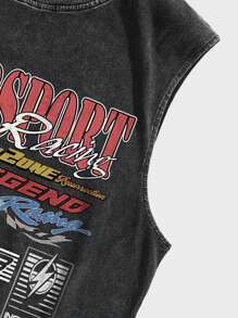 ROMWE MEN Street Life Spring/Summer Casual Graphic Men'S Racing Vintage Style Letter Print Tank Top, School - Black - View 4