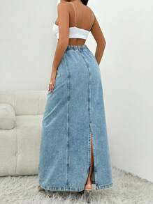 RueChic Women's Drawstring Waist, Back Slit, Straight Denim Skirt - Medium Wash - View 2