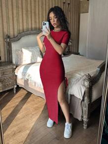 SHEIN Unity Váy dây rút xẻ hai bên màu trơn - Màu Đỏ Sâu - Xem 3