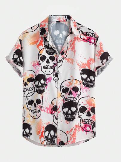 Grunge Punk Men Skull Print Button Up Shirt