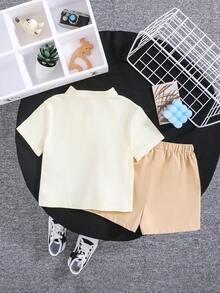 SHEIN Em bé Con trai Mô hình gấu trúc Đứng cổ áo Áo len Và Giải trí Quần short Phong cách Trung Quốc - Màu be - Xem 7