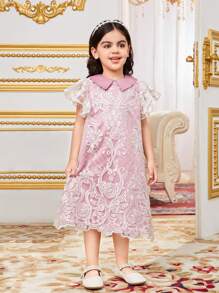 SHEIN Young Girl Sibling Outfits Casual Contrast Color Lace Collar A-Line Short Sleeve Dress