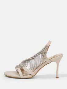 SheIn Belle Women's Fashionable Round-Toe Rhinestone High Heel Sandals With Thin Heel - Beige - View 2