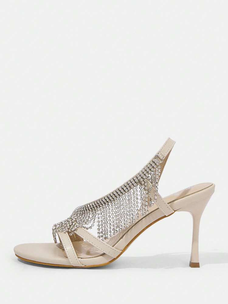 Women's Fashionable Round-Toe Rhinestone High Heel Sandals With Thin Heel