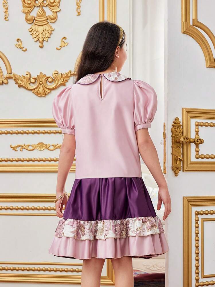 Tween Girl Jacquard Turn-Down Collar Puff Sleeve Shirt And Colorblock A-Line Skirt Two-Piece Set
