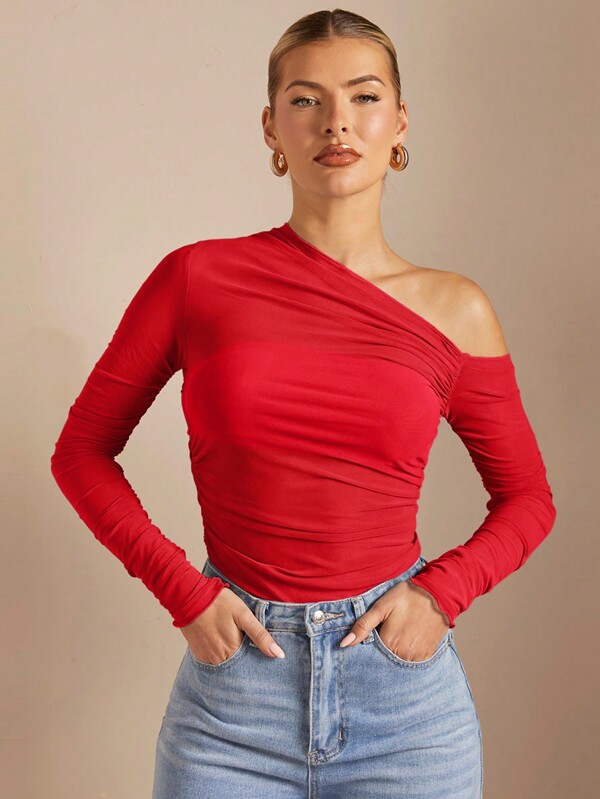 SHEIN BAE Off Shoulder Pucker Up See Through Fitted T-Shirt