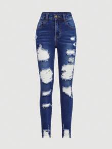 SHEIN Girlism Calça Denim Destroyed Lavada e Sólida para Menina Tween Y2K, Roupas de Verão - Lavagem clara - Visão 1