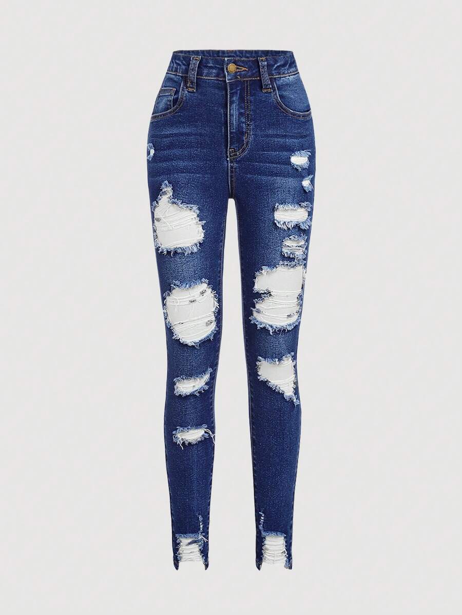 SHEIN Girlism Calça Denim Destroyed Lavada e Sólida para Menina Tween Y2K, Roupas de Verão - Lavagem clara - Visão 1