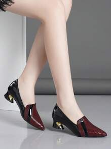 Fall/Winter Women's Color Block Comfortable Low Vamp Chunky Heel Slip-On Dress Pumps,Elegant - Burgundy - View 2