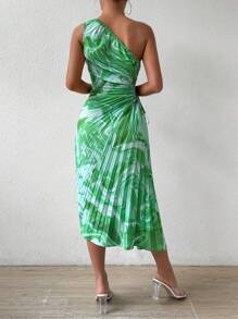 Chiquease Tie Dye Hollow Out One Shoulder Pleated Dress - Green - View 3