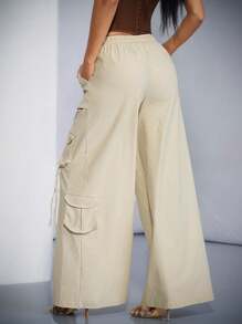 SHEIN BAE Solid Color Apricot Elastic Waist Cargo Style Wide Leg Pants With 3D Pockets, Low Waist, Perfect As Summer Bottoms, Summer Pants Fashion