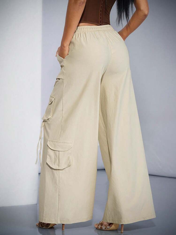 Solid Color Apricot Elastic Waist Cargo Style Wide Leg Pants With 3D Pockets, Low Waist, Perfect As Summer Bottoms, Summer Pants Fashion
