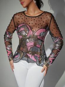 Rave Glamorous Sparkling Contrast Sequin Pearl Beaded Round Neck Mesh See-Through Long Sleeve Club Top - Pink - View 1