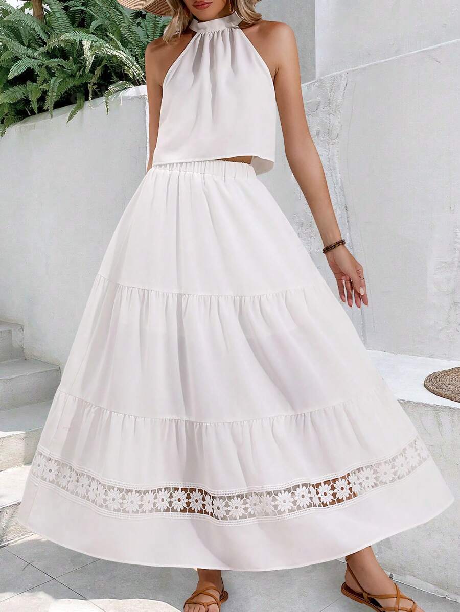 Chiquease 純色露肩背心短上衣&蕾絲拼接裙子套裝 - 白色 - 查看 1
