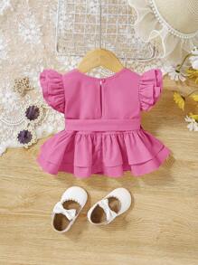 SHEIN Baby Girl Casual Knitted Ruffled Edge Solid Color Sleeveless Top With Waist Belt - Pink - View 2