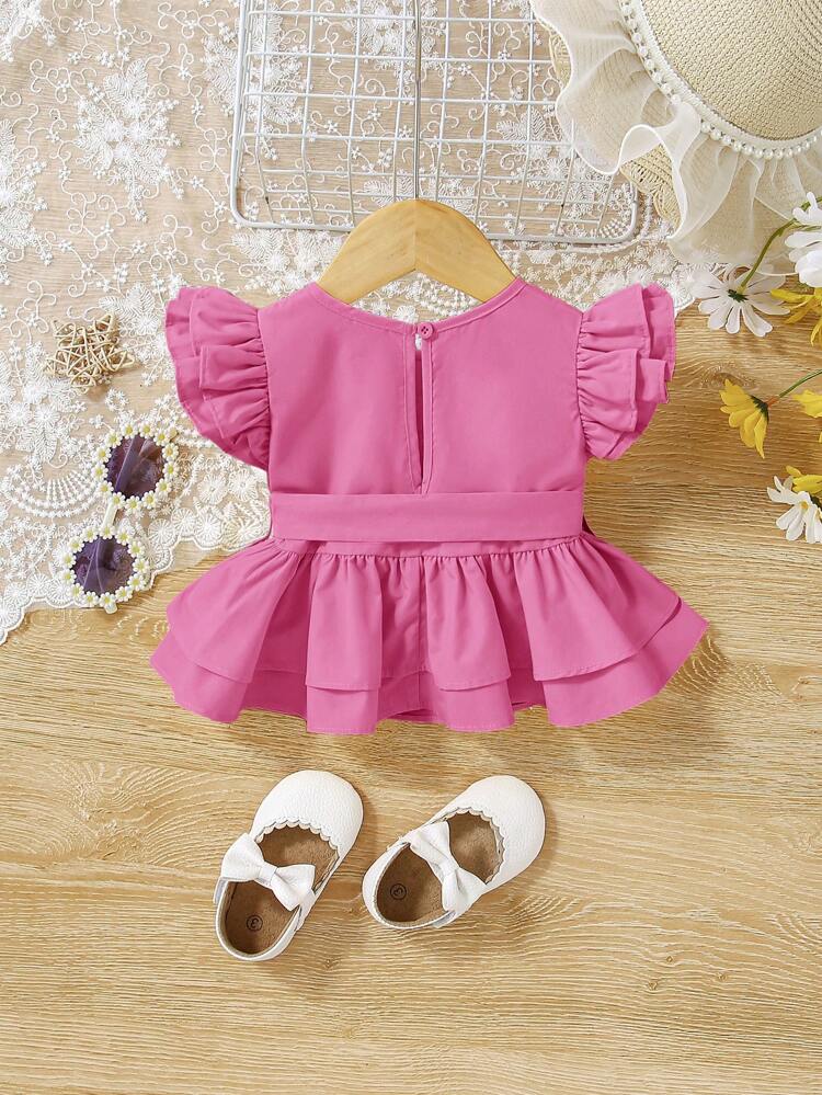 Baby Girl Casual Knitted Ruffled Edge Solid Color Sleeveless Top With Waist Belt