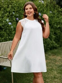 SHEIN Frenchy 大尺碼女性婚禮無袖白色蕾絲裙褶裙可愛夏季連衣裙 - 白色 - 查看 4