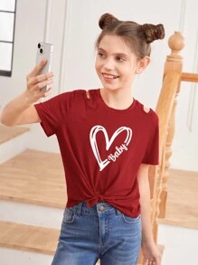 SHEIN Tween Girl Dệt Kim Trái Tim In Hình Cong Viền Áo Thun Nữ Tay Ngắn Đơn Giản Với Vai Cut Out Và Chi Tiết Xoắn - Màu Đỏ Sâu - Xem 5