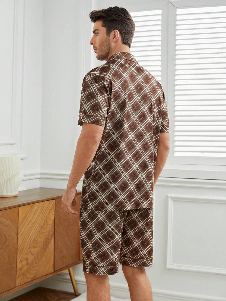 Men's Plaid Short Sleeve Shirt And Shorts Homewear Set