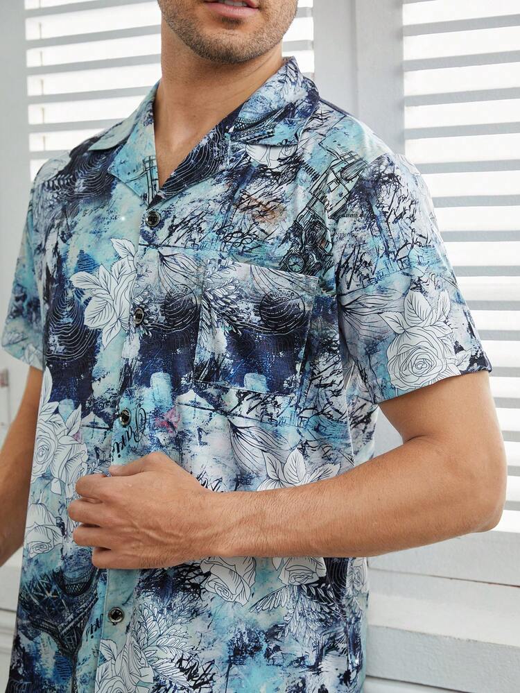 Men's Lapel Collar Short Sleeve Shirt & Shorts Set With All-Over Print For Homewear