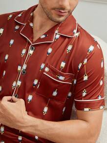 Men's Full Print Contrast Piping Homewear Set - Red - View 6