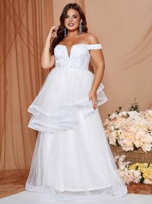 Plus Size Off Shoulder Sparkly Tulle Wedding Dress With Sequin Detail - White - View 5