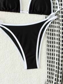 Swim Mod Color Block Bikini Set With Triangular Cups And Edge Wrapping Design, Summer Beach