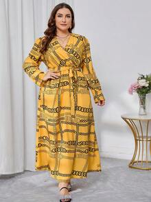 Modelyn 大尺碼女士圓領印花長袖連衣裙 - 黃色 - 查看 4