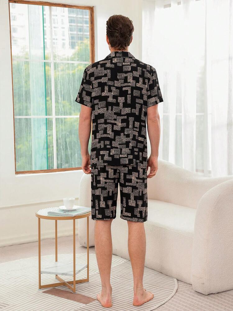 Men's Geometric Printed Short Sleeve & Shorts Homewear Set