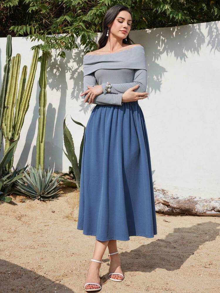 Ladies' Off Shoulder Top And Skirt Set In Color Blocking 2 Piece Set