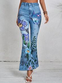 SHEIN VCAY Women's Butterfly Print Flared Jeans, Beachwear, Country Festival Clothing, Casual Women's Denim Flares, Spring Clothing, Summer Clothing, Festival Clothing