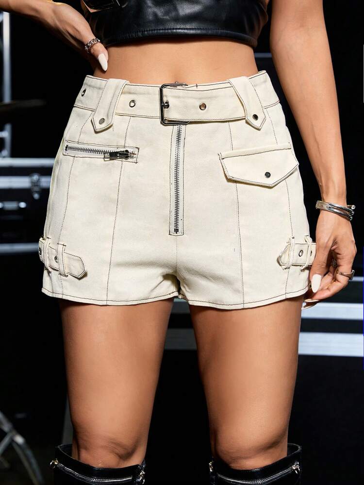Women's Front Zipper & Contrast Stitching Detail Shorts