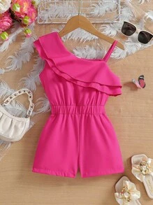 SHEIN Elladie kids Young Girl's Patchwork Ruffle Edge Asymmetric Collar Romper