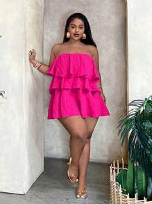 Slaydiva Ruffled Hem Bandeau Top, Casual & Holiday Style, Summer - Hot Pink - View 2