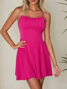 SHEIN Privé 女士褶皺吊帶連身褲 - 玫紅色 - 查看 2