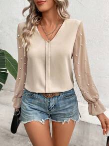 Pearls Beaded Flounce Sleeve Blouse - Apricot - View 3