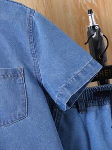 SHEIN 青少年男孩2入組休閒舒適軟質藍色丹寧襯衫和藍色破洞牛仔短褲套裝,適用於春夏青少年男孩服裝 - 中等水洗藍 - 查看 5