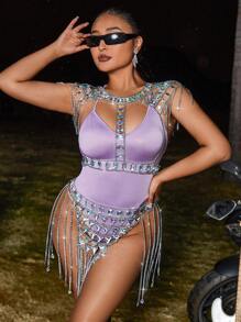 Zolique Sequin Shiny Chain Fringe Hollow Out Top And Skirt, Crystal Diamond Decoration - Silver - View 5