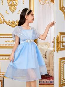 SHEIN Tween Girls' Gorgeous Fabric Patchwork 3d Flower Dress - Blue - View 4
