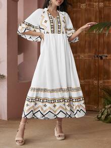 Mulvari Women's Geometric Printed Notched Neckline Dress - White - View 3