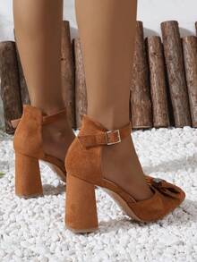 Cute Brown High Heel Pumps With Bow & Rhinestone Buckle Strap For Women - Brown - View 5