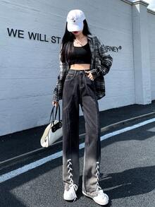 Ladies' Casual Gradient Color Tie Waist Straight Leg Jeans With Split Hem - Black - View 4