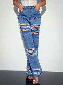 SHEIN BAE Vaqueros De Pernera Recta Con Rotos Y Agujeros