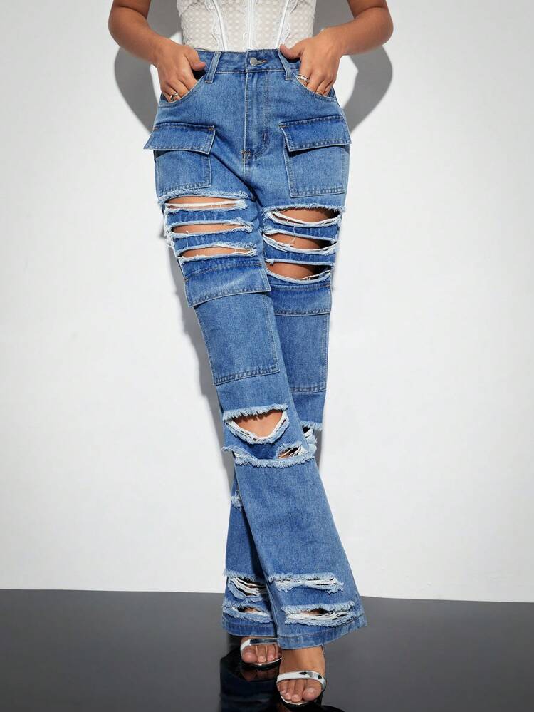 Hole Ripped Straight Leg Jeans