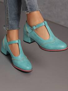 复古烧花T字带粗跟蓝色鞋，适合春秋季穿着，优雅 - 水鴨藍 - 查看 4