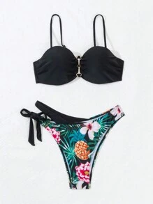 SHEIN Swim Women's Tropical Printed Bikini Set With Underwire And Ruched Detail, Bikini Set Outfit Beach Swimwear Bathing Suit Music Festival Summer Beach