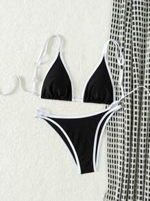 Swim Mod Color Block Bikini Set With Triangular Cups And Edge Wrapping Design, Summer Beach