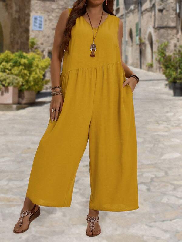 EMERY ROSE Salopette Plissettata Asimmetrica A Strisce Divide Con Tasche E Cerniera Per Donne Taglie Forti